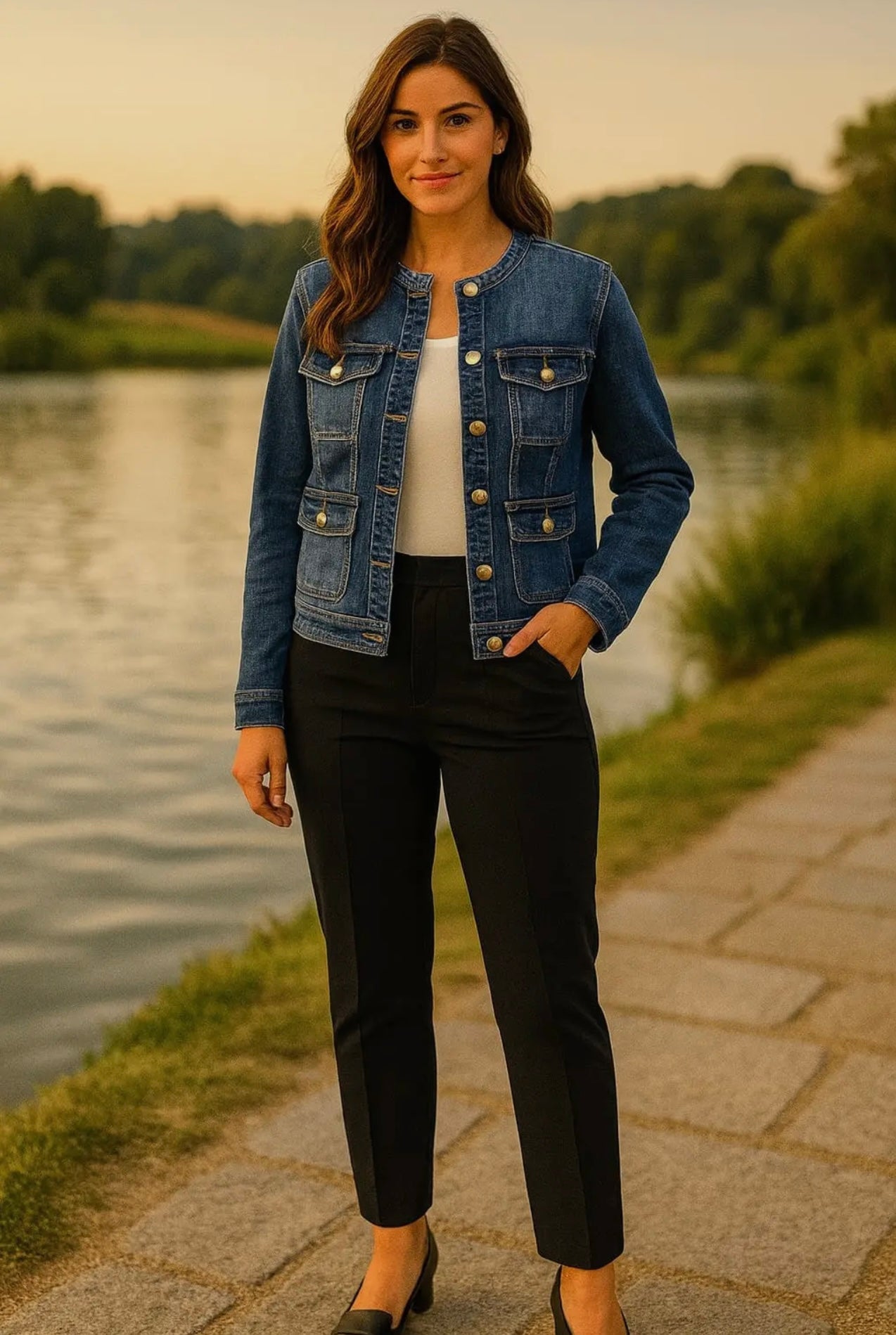 Gold Button Military Style Denim Jacket